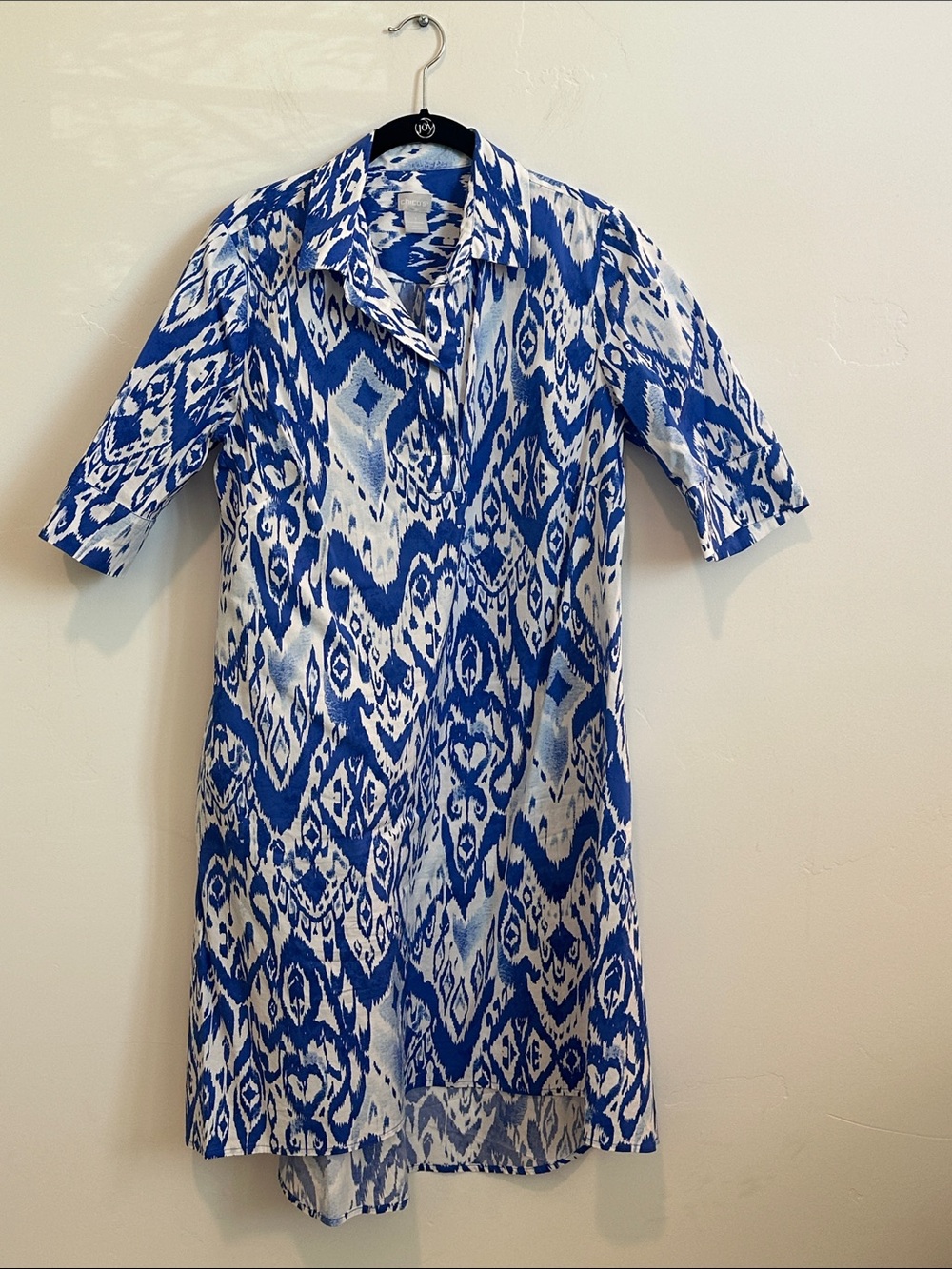 Chico's Royal Blue and White Ikat Print Shirt Dress, Hi/Lo hem Chico’s Size 1